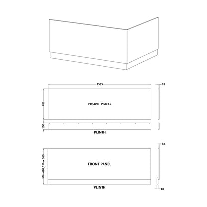 [BBPA103] Gloss White MDF Bath Front Panel with Plinth - Choice of Size - Technical Drawing