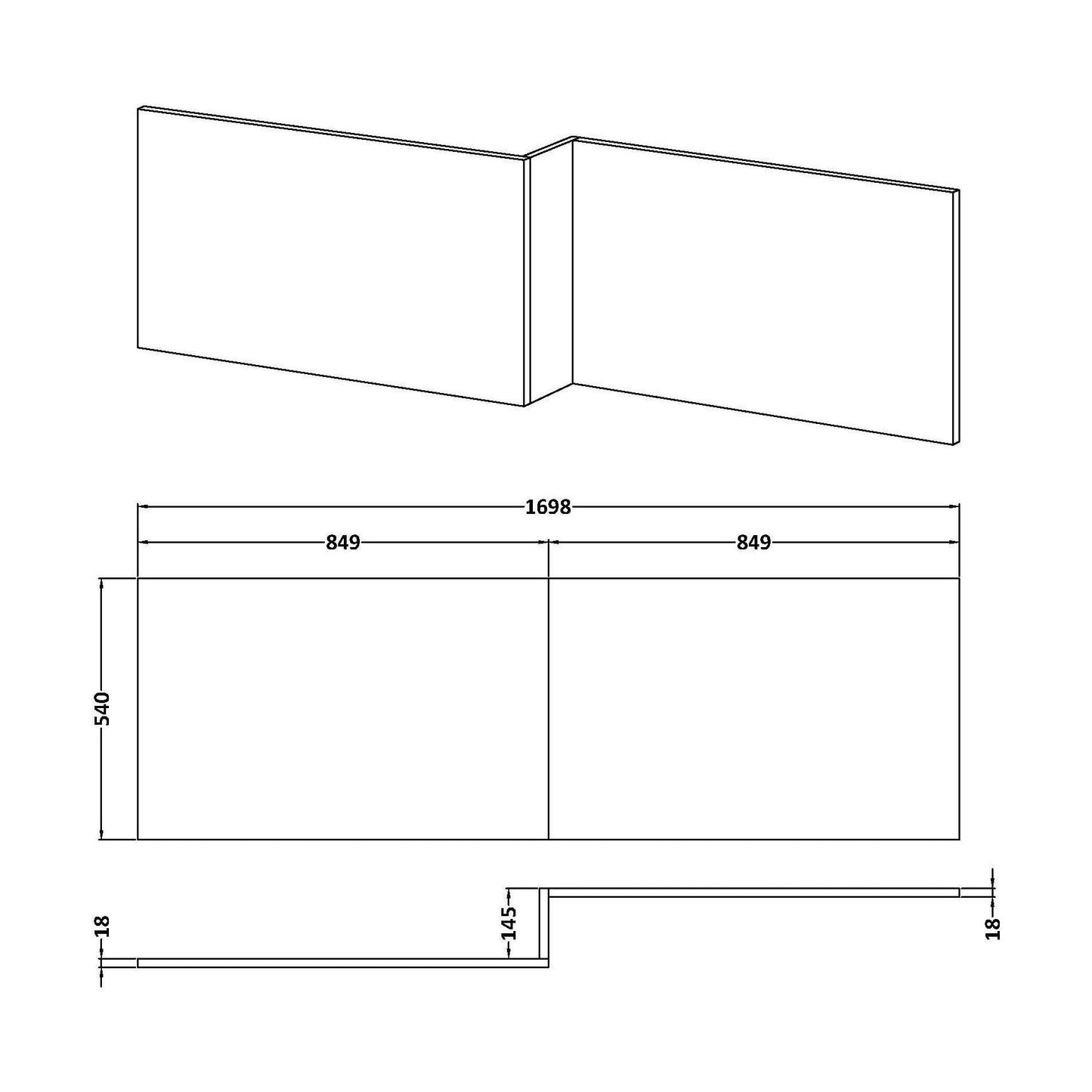 [BBPA135W] 1700mm Waterproof Square Shower Bath Front Panel - Gloss White - Technical Drawing