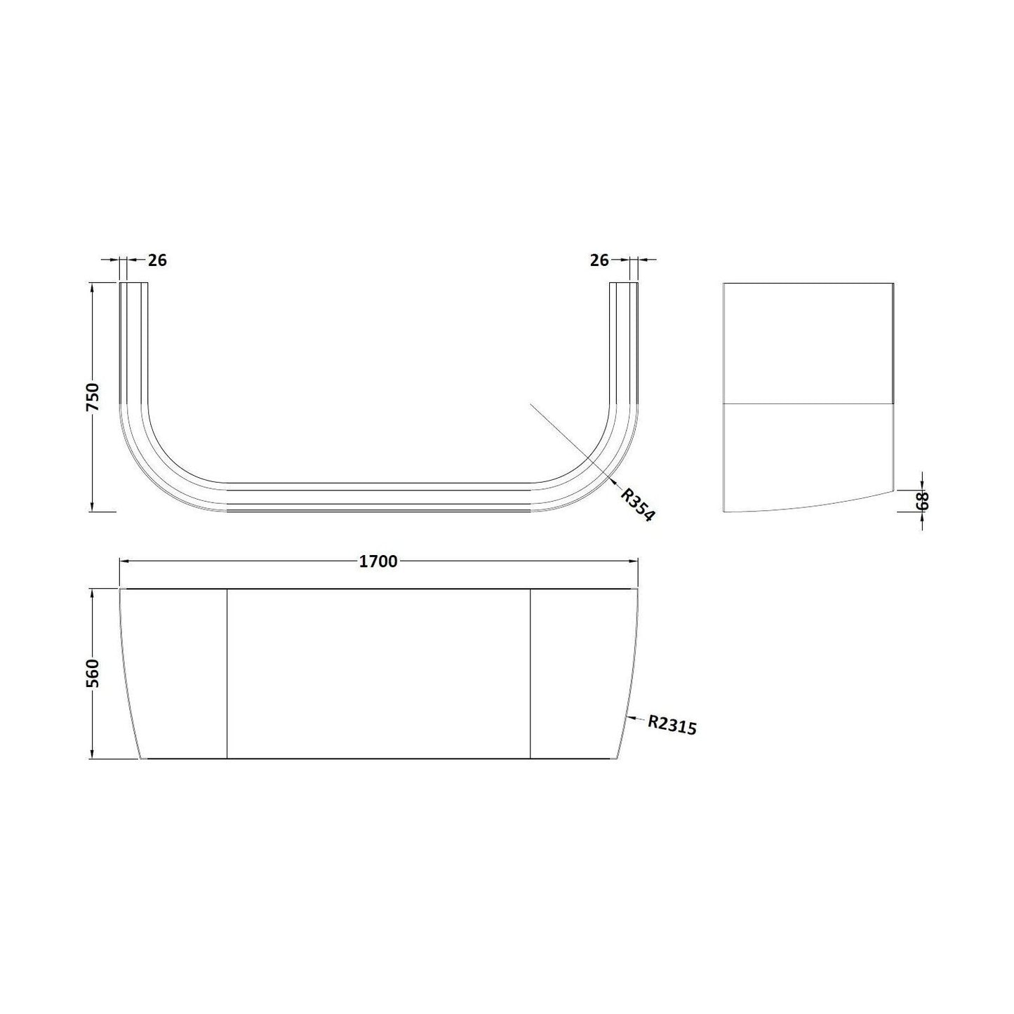 [BBPA136] Back To Wall Bath Panel - Technical Drawing