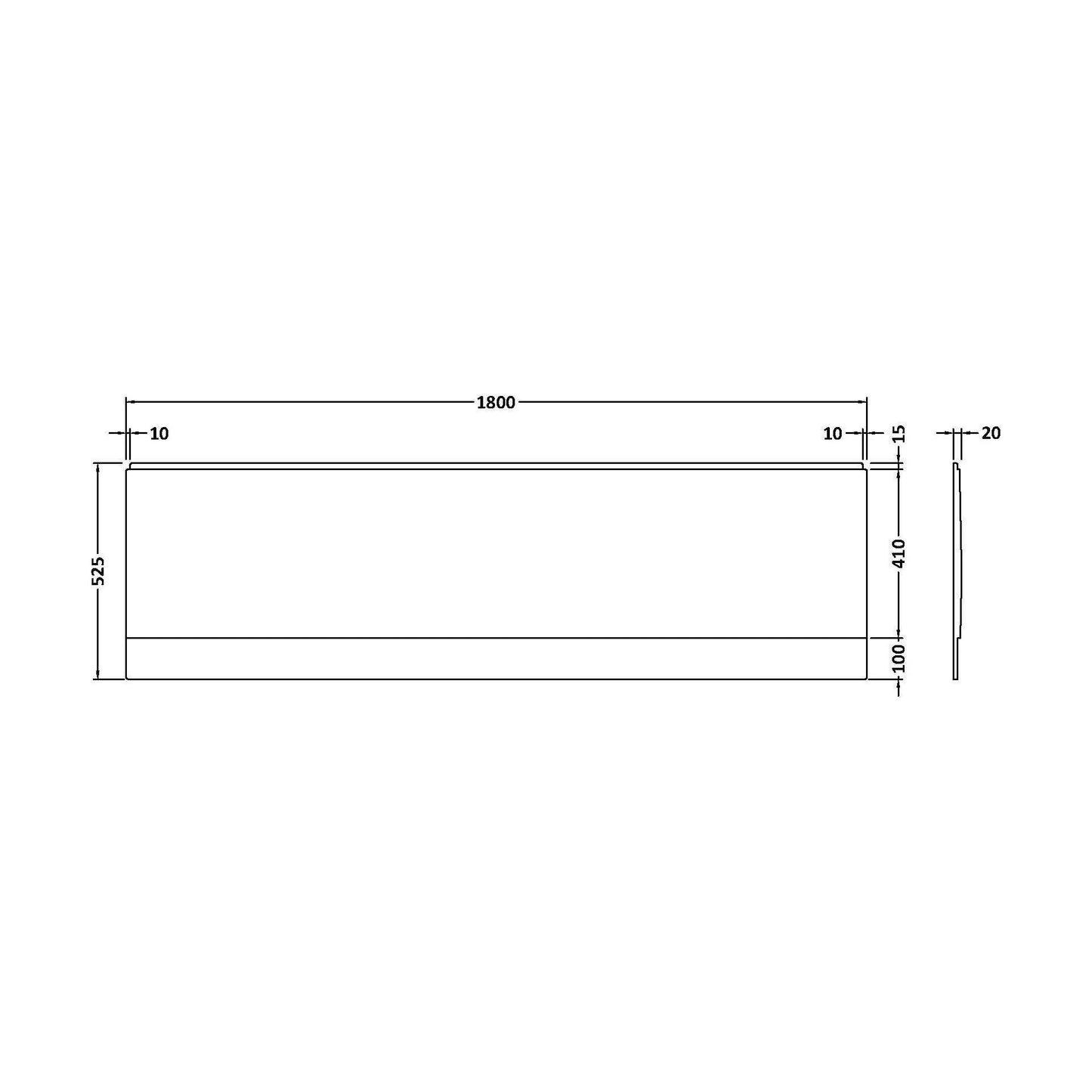 [BBPA141] 1800mm White Acrylic Front Bath Panel for Straight Bath Installations - Technical Drawing