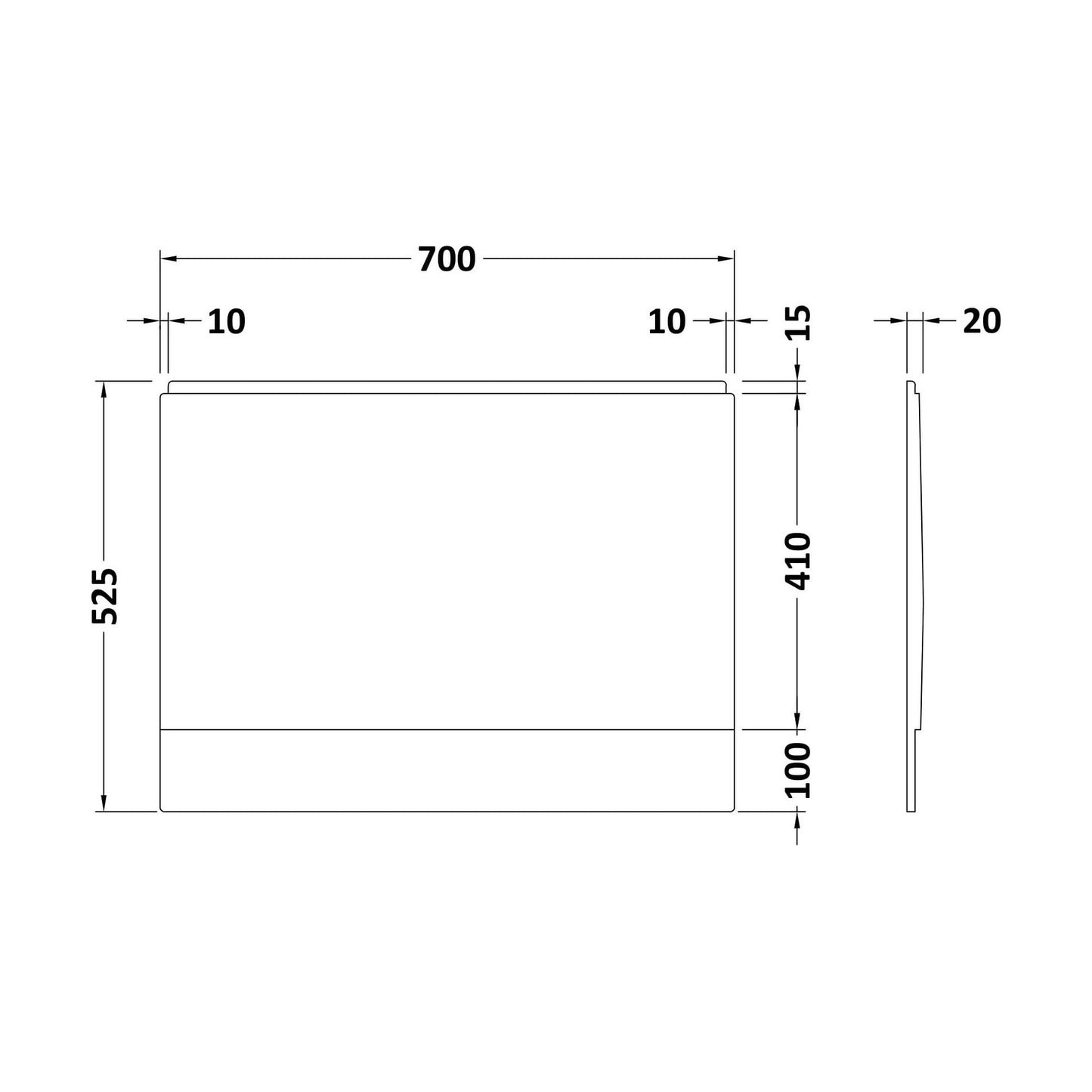 [BBPA142] 700mm White Acrylic End Bath Panel for Straight Bathtub Installation - Technical Drawing