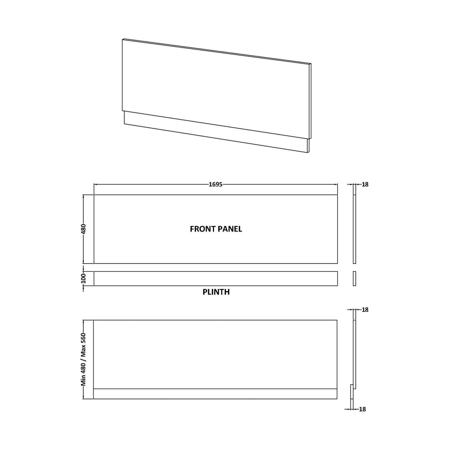 [BBPA1705] 1700mm Straight Bath MFC Front Panel & Plinth - Matt Electric Blue - Technical Drawing