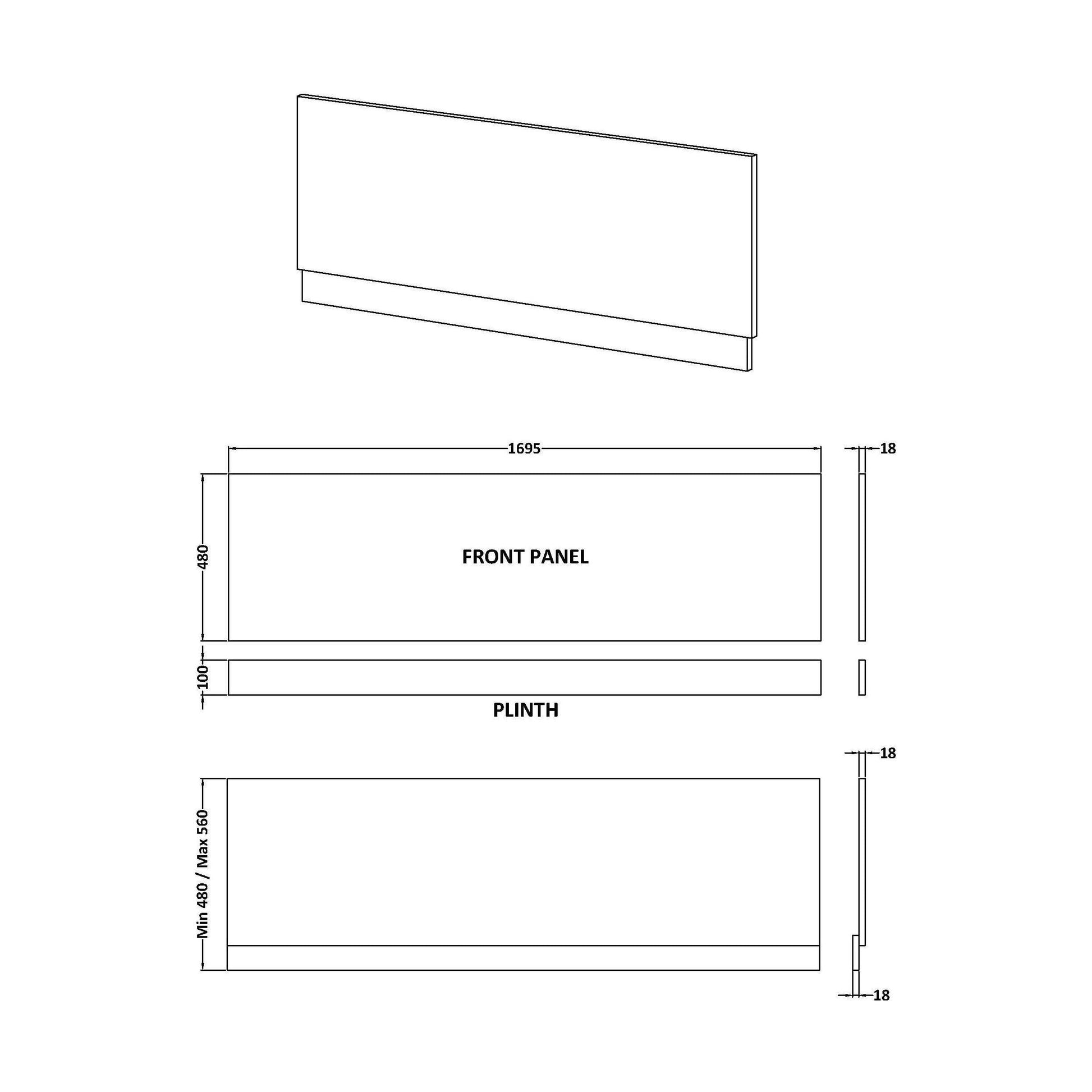 [BBPA1705] 1700mm Straight Bath MFC Front Panel & Plinth - Matt Electric Blue - Technical Drawing