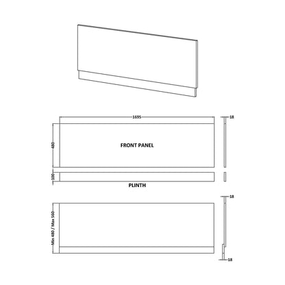 [BBPA1705] 1700mm Straight Bath MFC Front Panel & Plinth - Matt Electric Blue - Technical Drawing