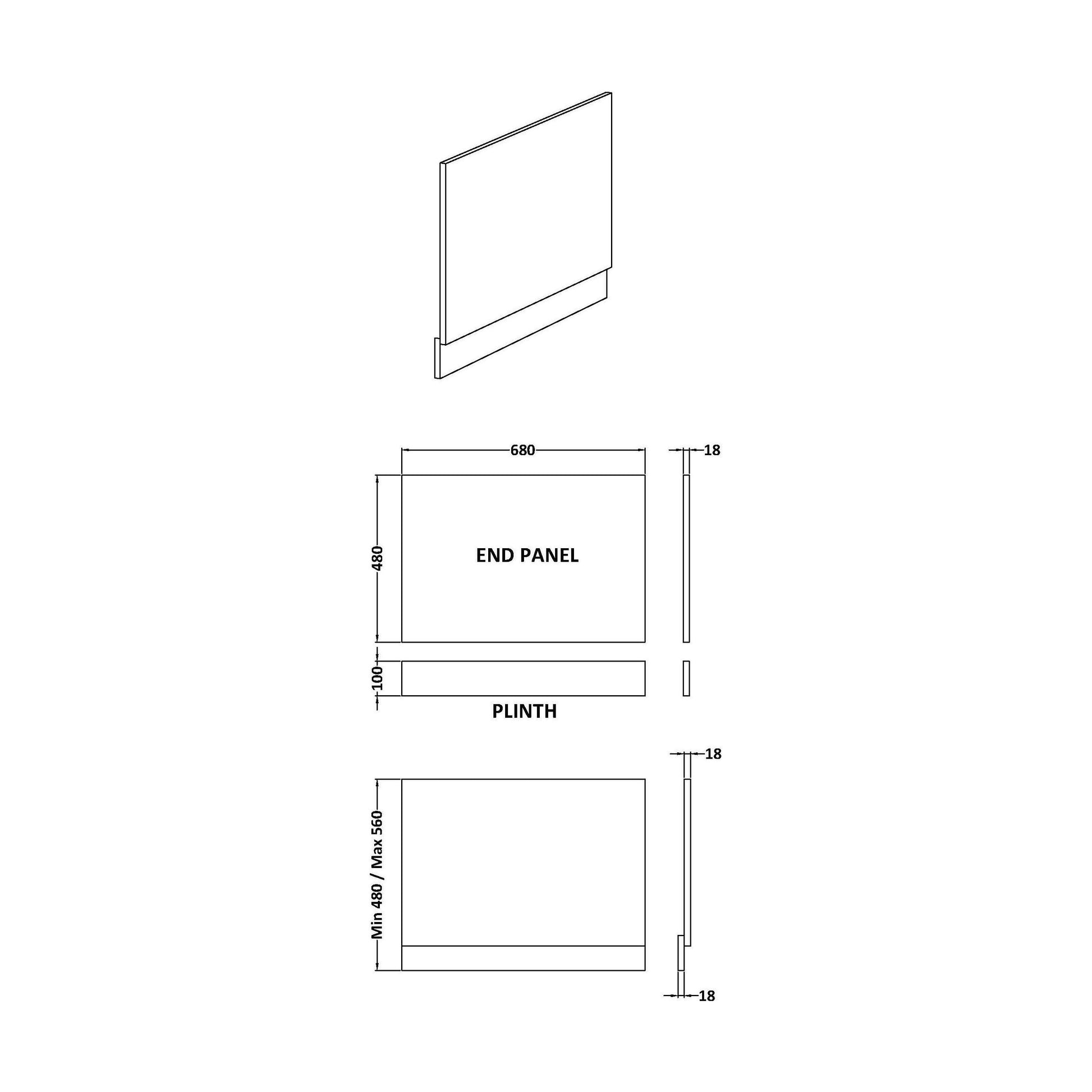 [BBPA170] 700mm Straight Reversible Bath End Panel & Plinth - Satin White - Technical Drawing