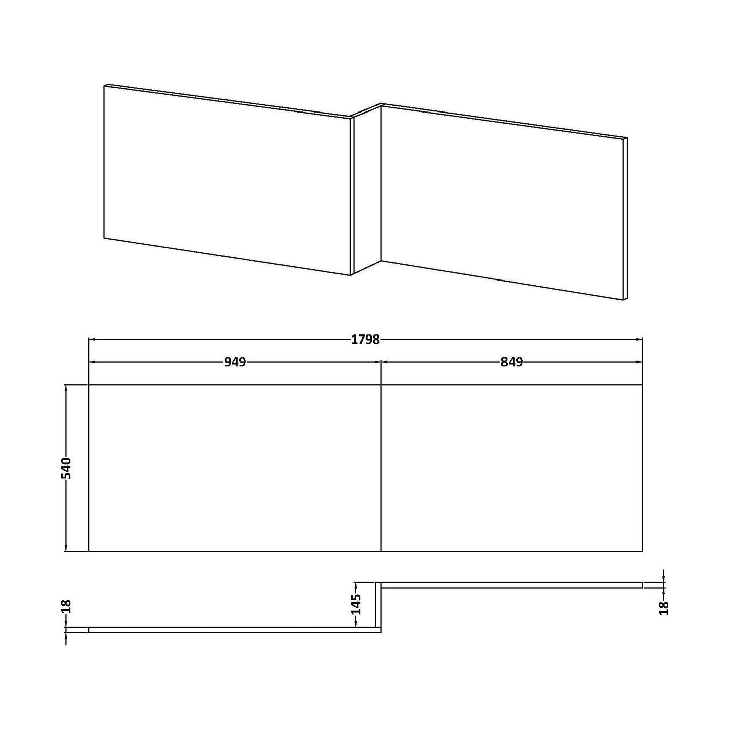 [BBPA1800W] 1800mm Waterproof Square Shower Bath Front Panel - Gloss White - Technical Drawing