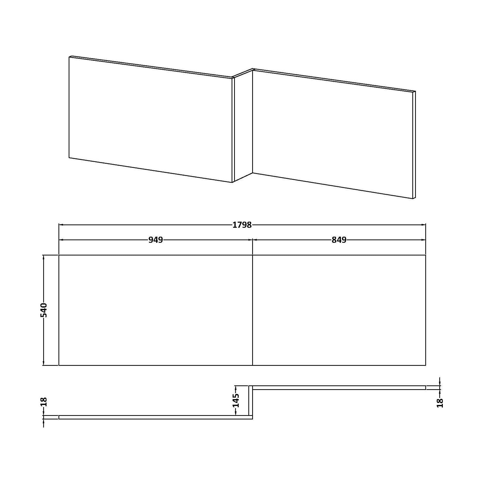 [BBPA1800W] 1800mm Waterproof Square Shower Bath Front Panel - Gloss White - Technical Drawing