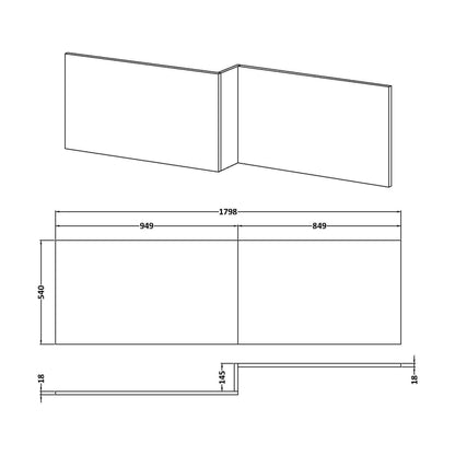 [BBPA1800W] 1800mm Waterproof Square Shower Bath Front Panel - Gloss White - Technical Drawing
