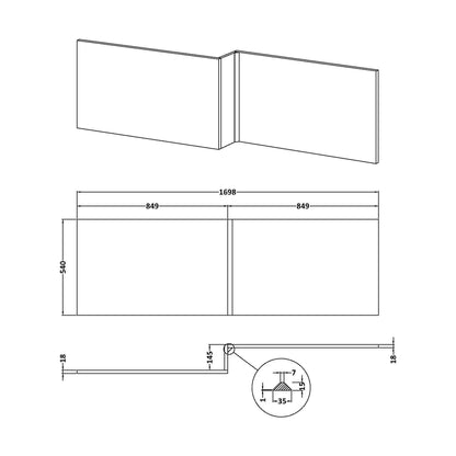 [BBPA1835] Chartley 1700mm Square Bath Front Panel - Choice of Colour - Line Drawing