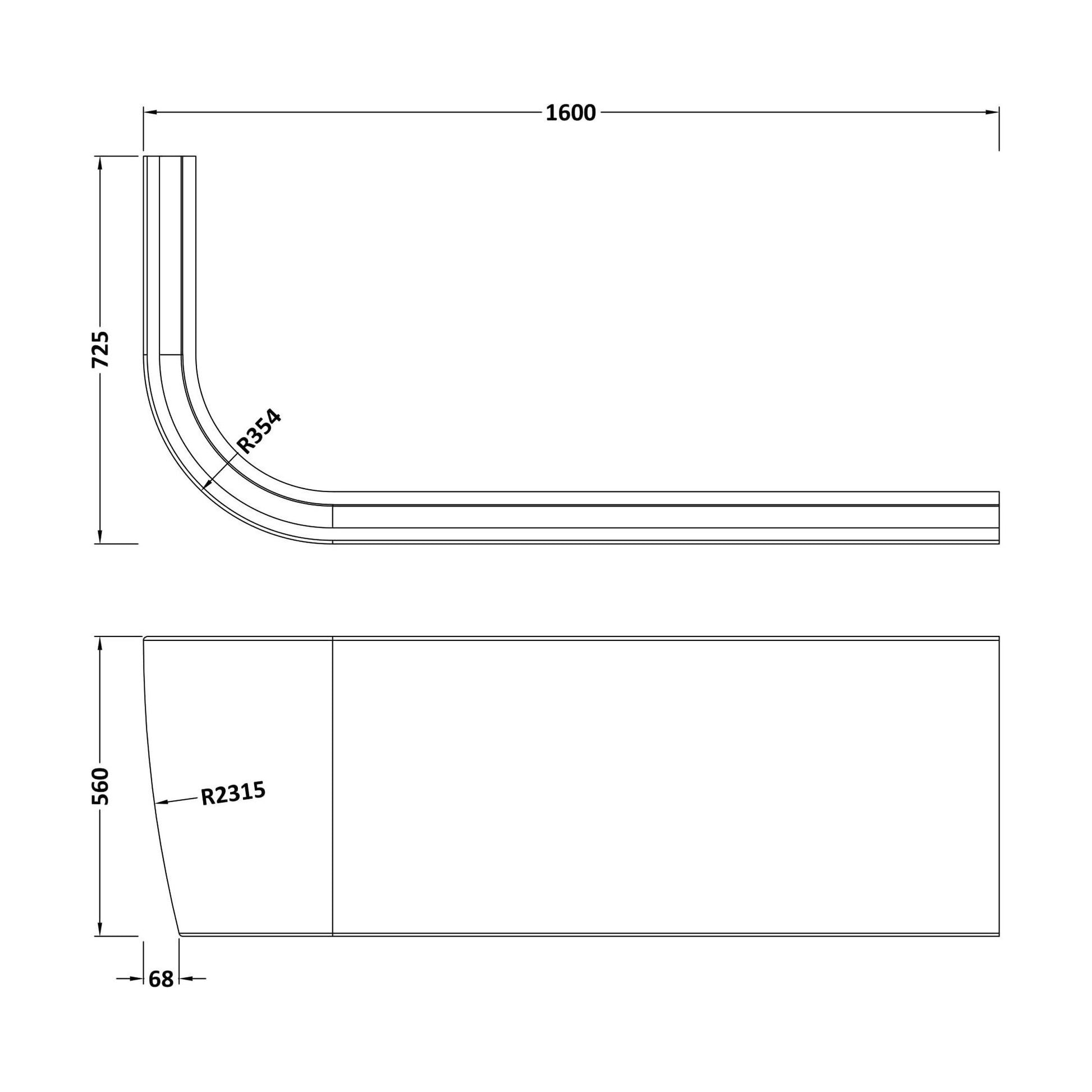 [BBPA207R] 1600 RH BTW J Corner Bath Panel - Technical Drawing