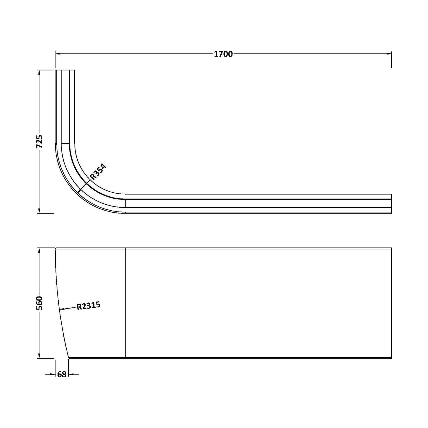 [BBPA209R] BTW J Corner Bath Panel RH - Technical Drawing