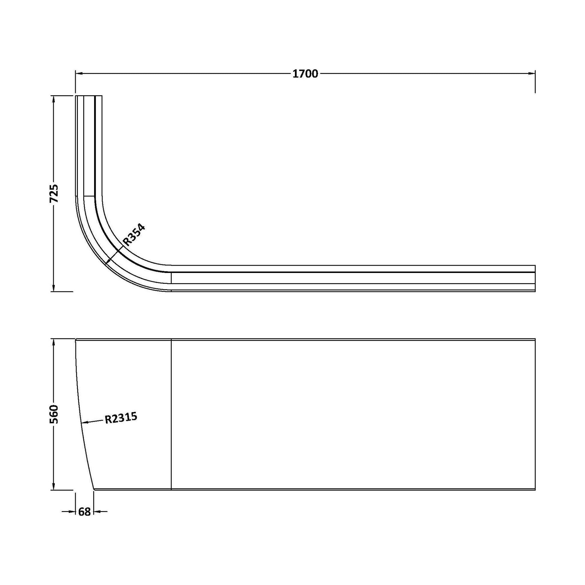 [BBPA209R] BTW J Corner Bath Panel RH - Technical Drawing