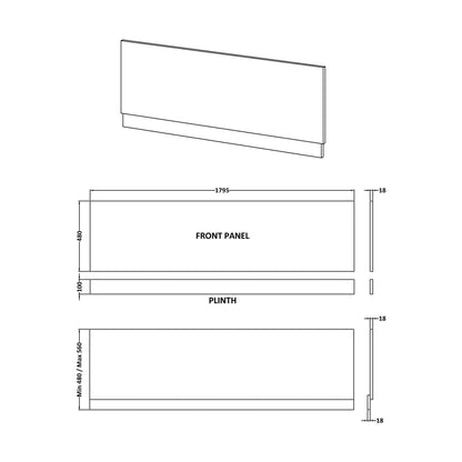 [BBPA2307] Straight Bath Front Panel Available - Choice of Size and Colour - Technical Drawing