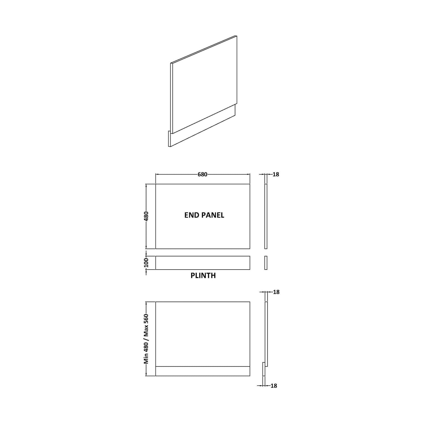 [BBPA2511] 700mm Bath MFC End Panel & Plinth - Woodgrain Solace Oak - Technical Drawing