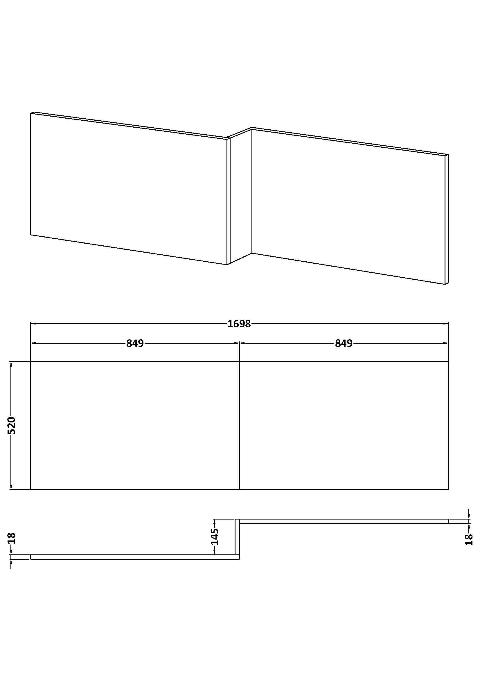 [BBPA2535] Chartley 1700mm Square Bath Front Panel - Choice of Colour - Line Drawing