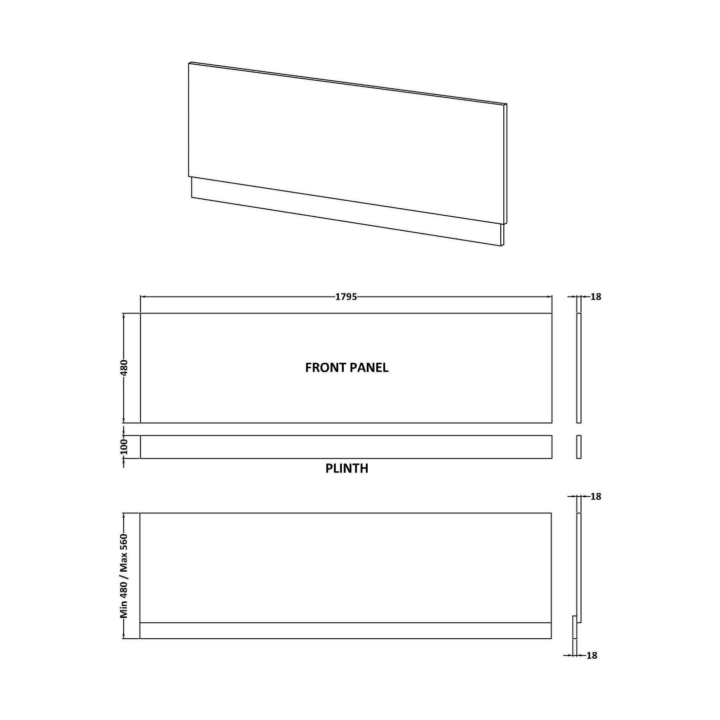 [BBPA2607] Straight Bath Front Panel Available - Choice of Size and Colour - Technical Drawing