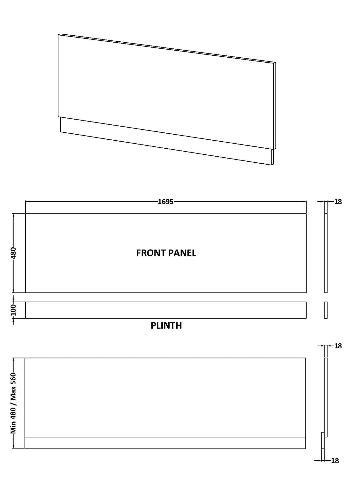 [BBPA2705] Straight Bath Front Panel Available - Choice of Size and Colour - Technical Drawing