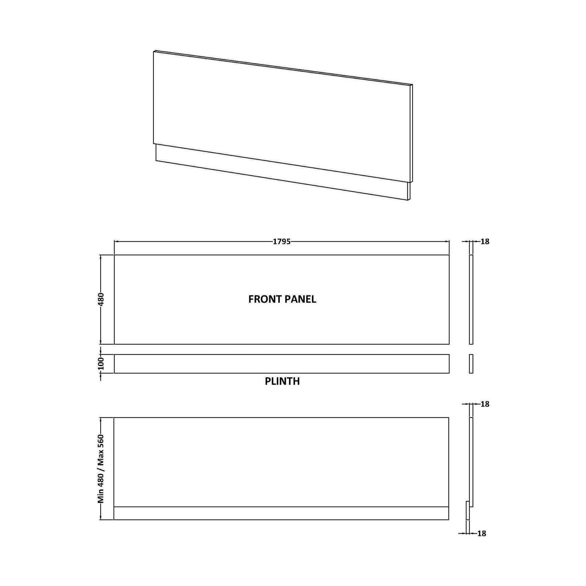 [BBPA2707] 1800mm Straight Bath Front Panel and Plinth - Antique Oak - Technical Drawing