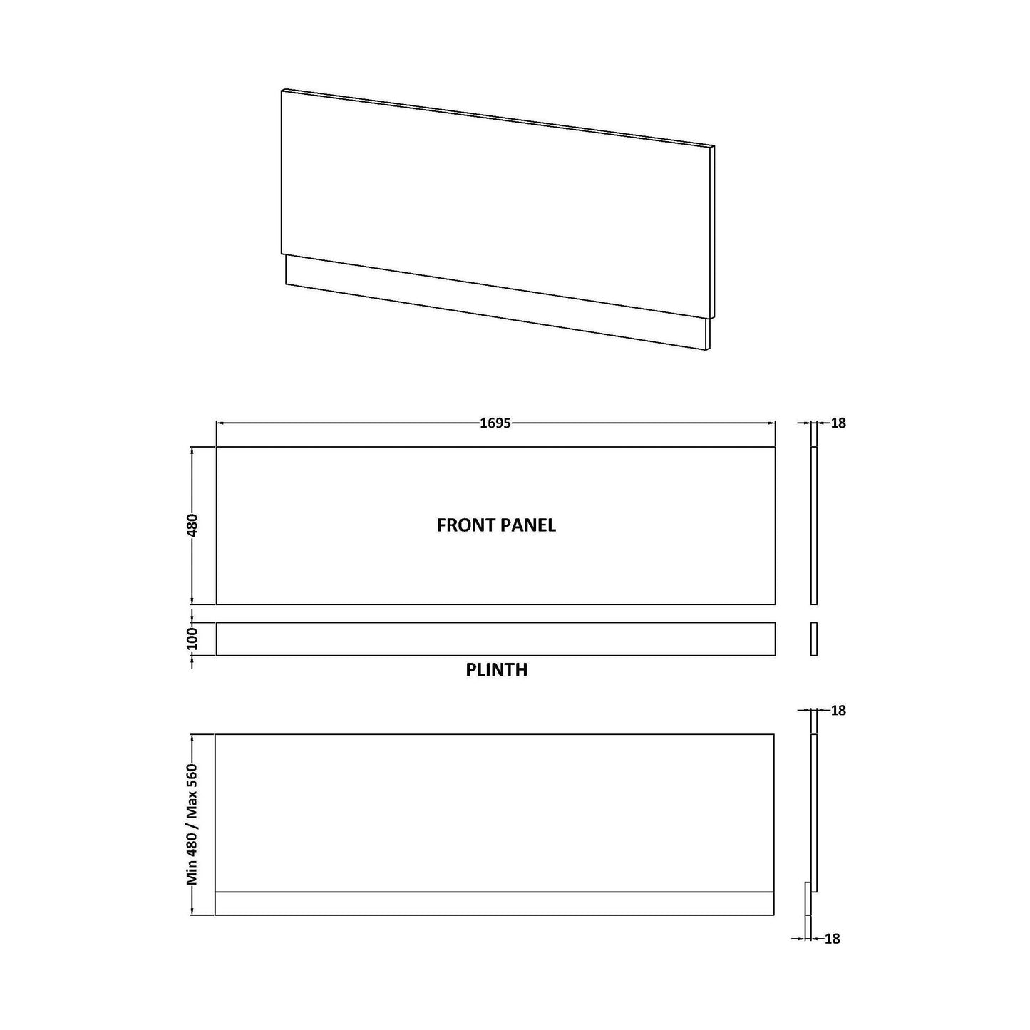 [BBPA2905] Straight Bath Front Panel Available - Choice of Size and Colour - Technical Drawing