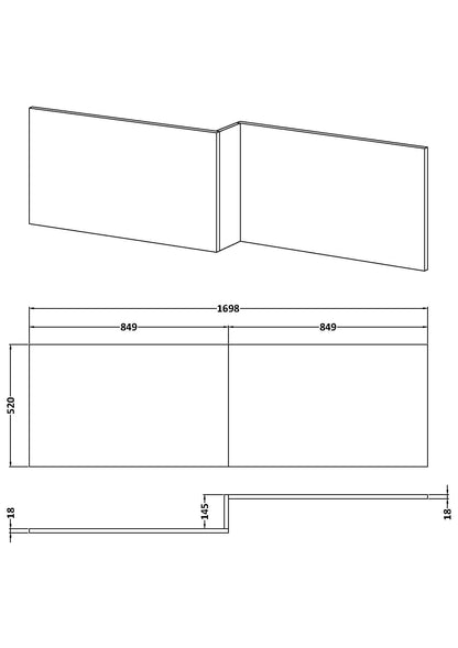 [BBPA2935] Chartley 1700mm Square Bath Front Panel - Choice of Colour - Line Drawing