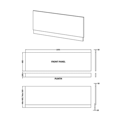 [BBPA3005] 1700mm Straight Bath Front Panel and Plinth - Bleached Oak - Technical Drawing