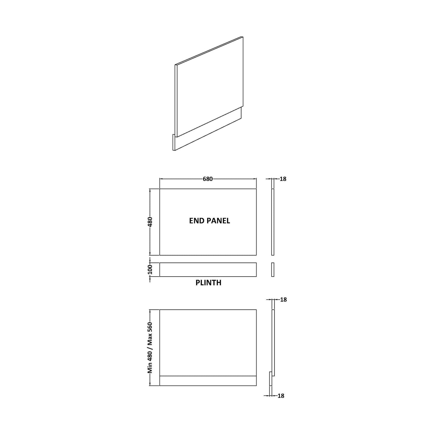 [BBPA3111] 700mm Bath End Panel - Technical Drawing