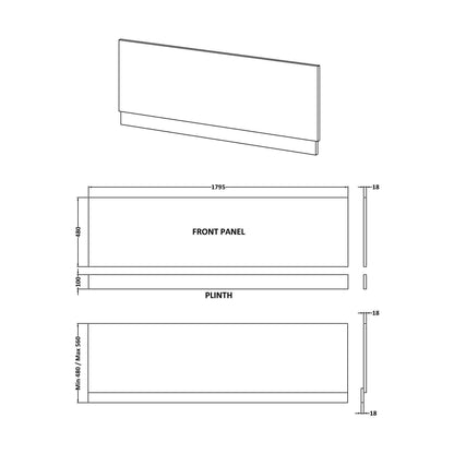 [BBPA3207] 1800mm Bath Front Panel - Technical Drawing