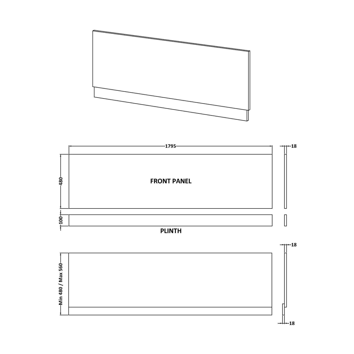 [BBPA3207] Straight Bath Front Panel Available - Choice of Size and Colour - Technical Drawing