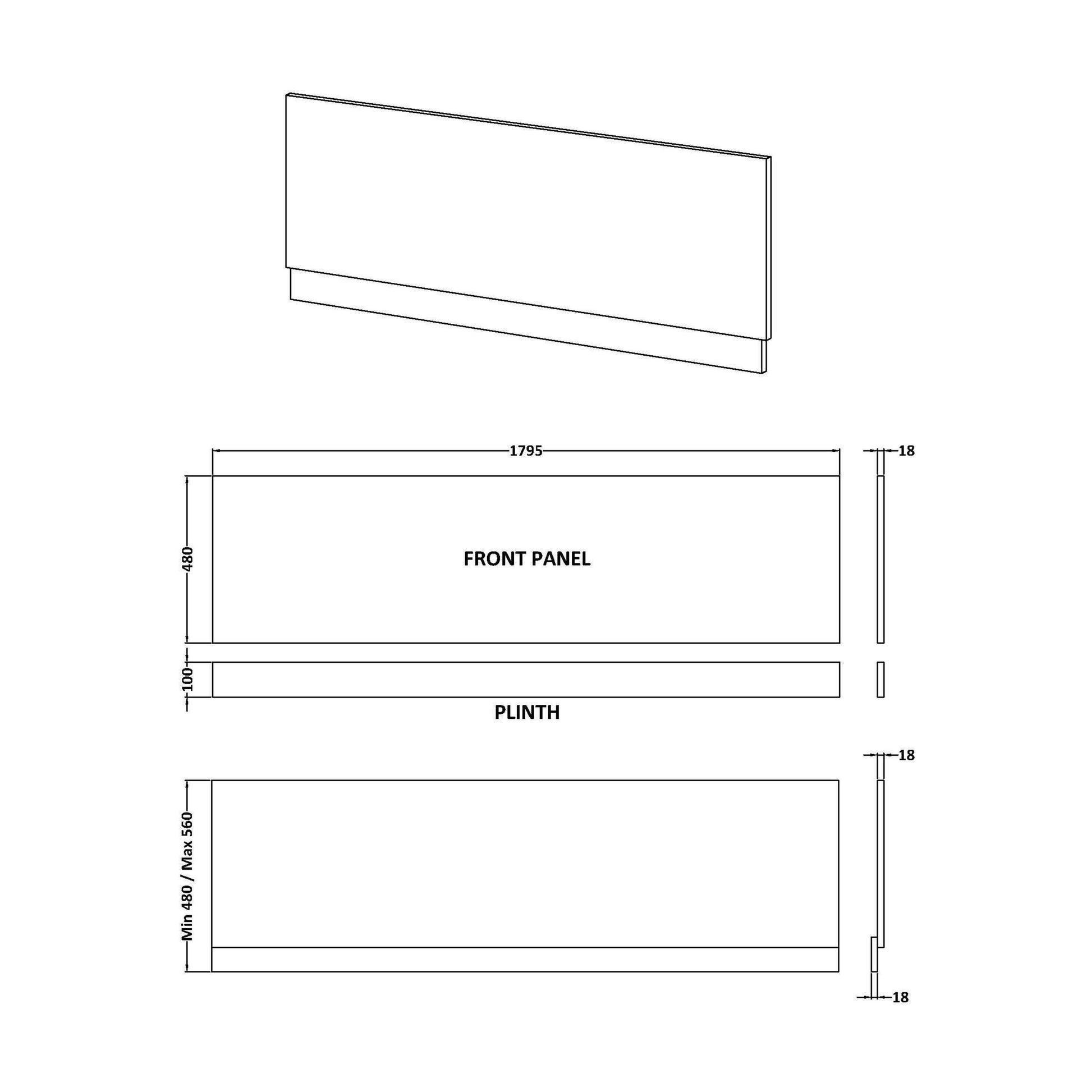 [BBPA3207] Straight Bath Front Panel Available - Choice of Size and Colour - Technical Drawing