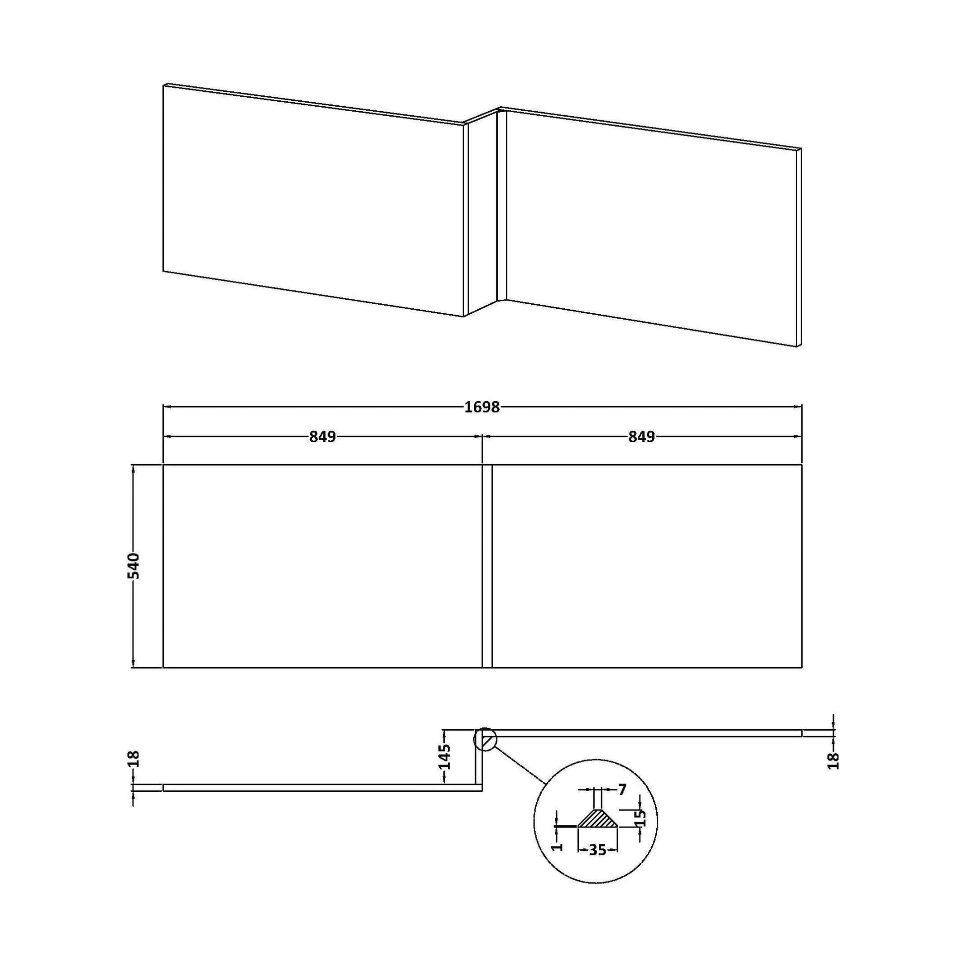 [BBPA373] 1700mm L Shape Square Reversible Bath Front Panel - Satin Blue - Technical Drawing