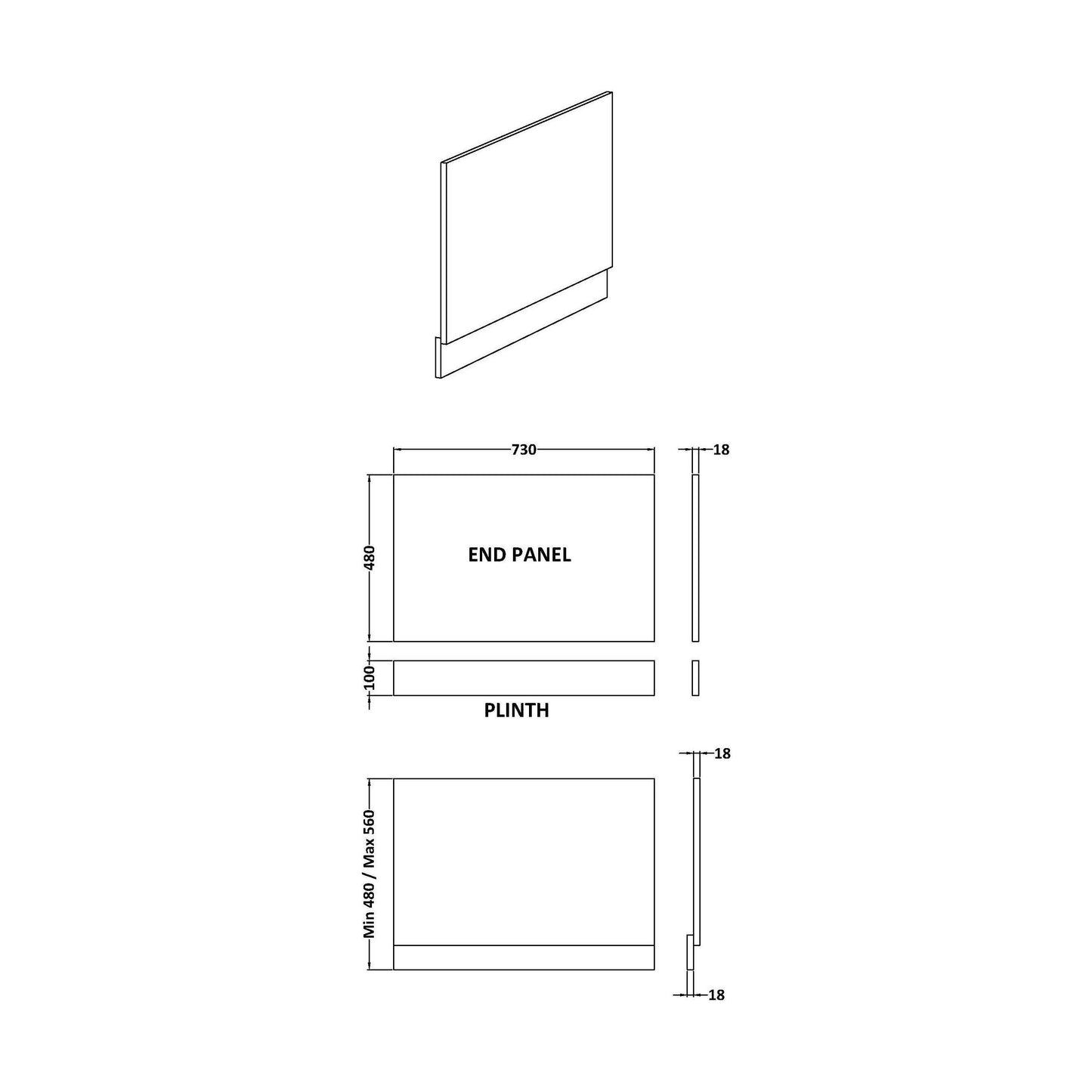 [BBPA612] 750mm Bath MFC End Panel & Plinth - Woodgrain Charcoal Black - Technical Drawing