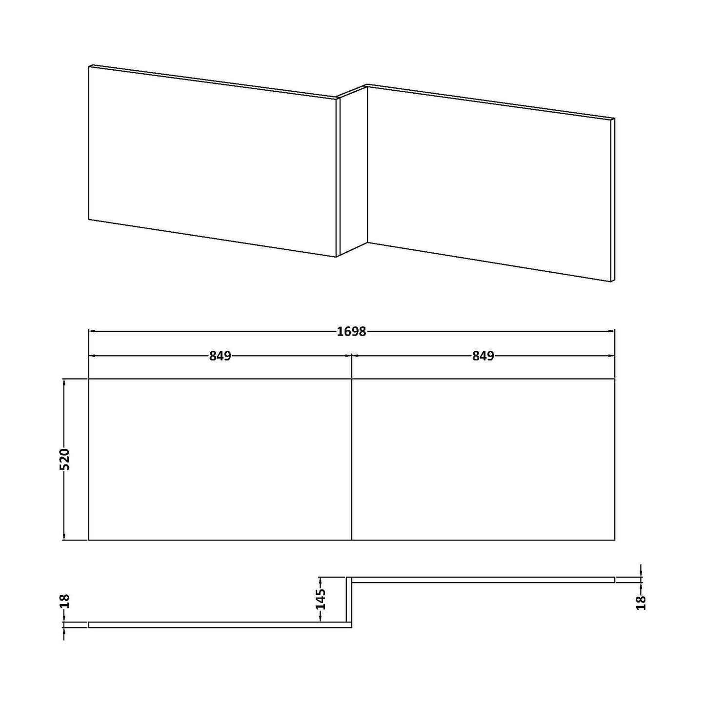 [BBPA635] Chartley 1700mm Square Bath Front Panel - Choice of Colour - Line Drawing