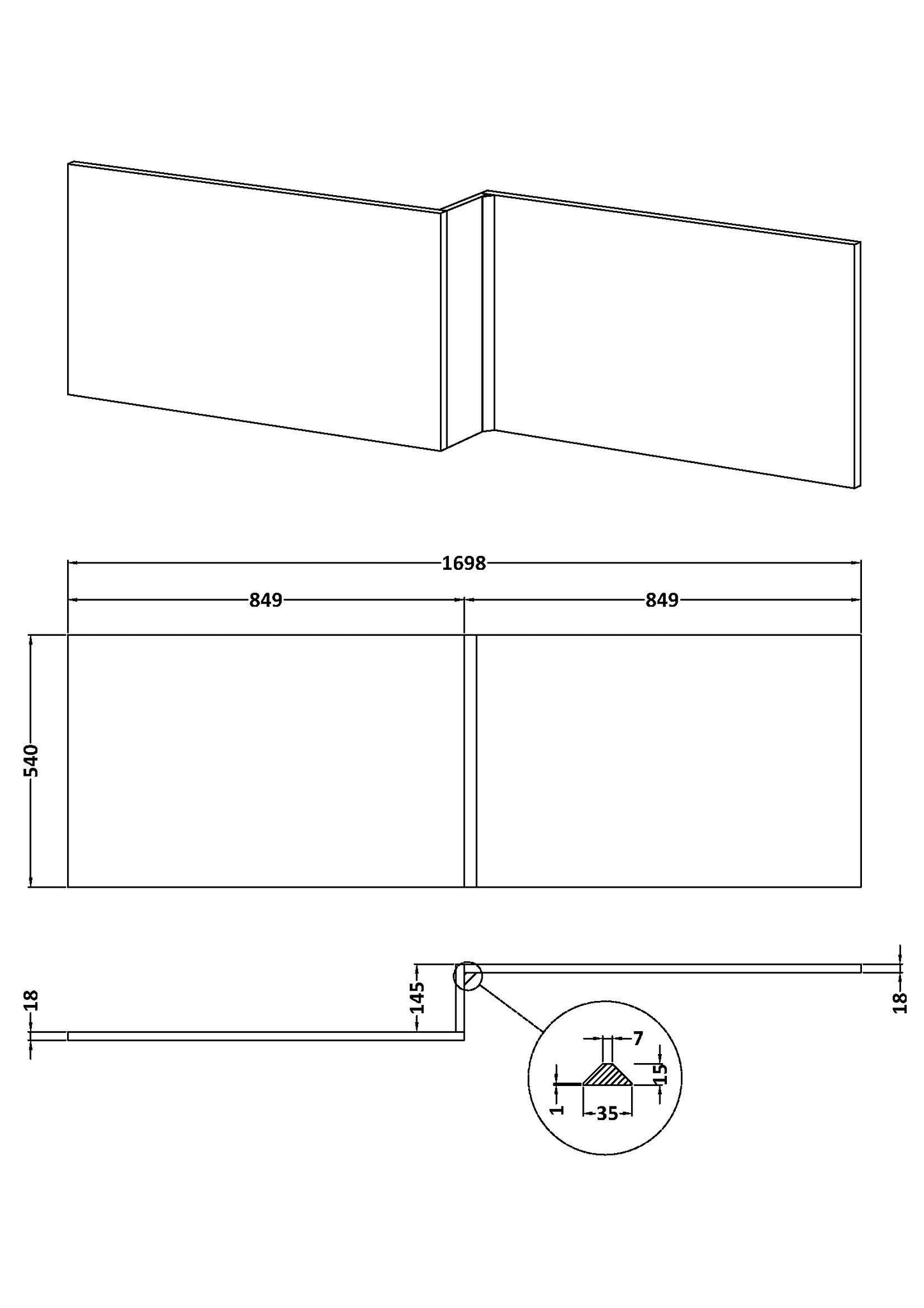 [BBPA835] Chartley 1700mm Square Bath Front Panel - Choice of Colour - Line Drawing