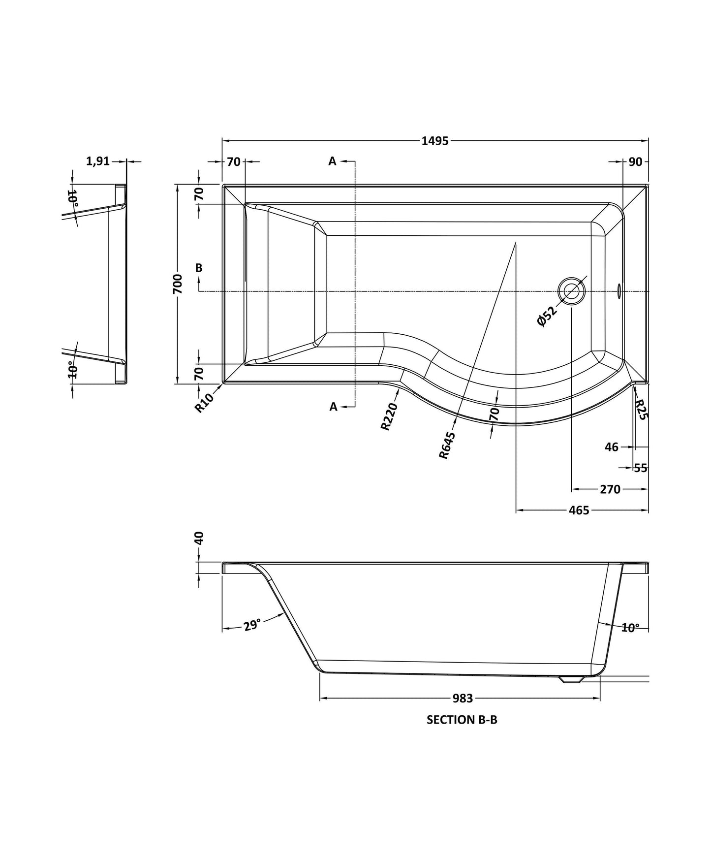 [BBPB104] 1500mm P shaped showerbath RH - Technical Drawing