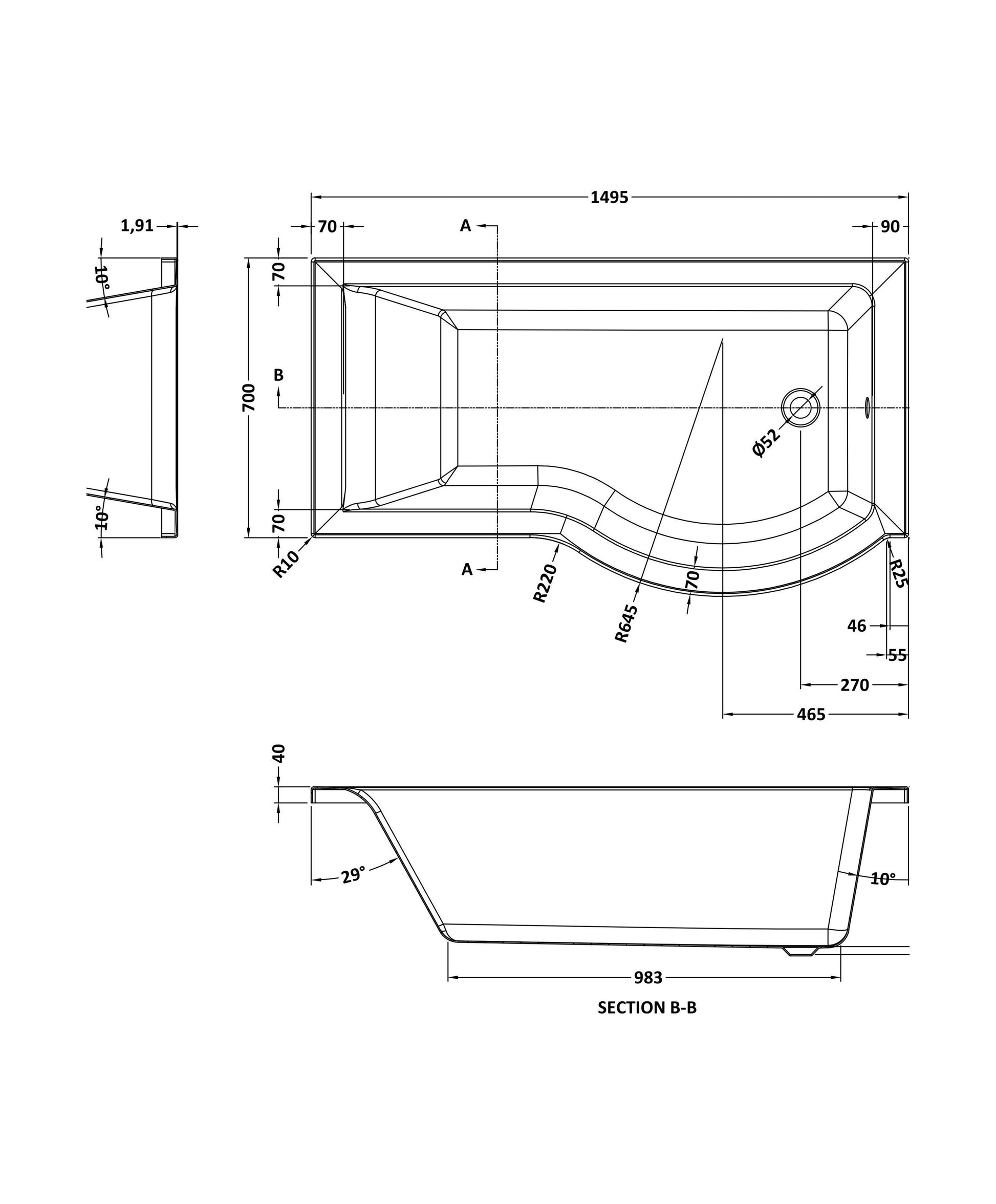 [BBPB104] 1500mm P shaped showerbath RH - Technical Drawing