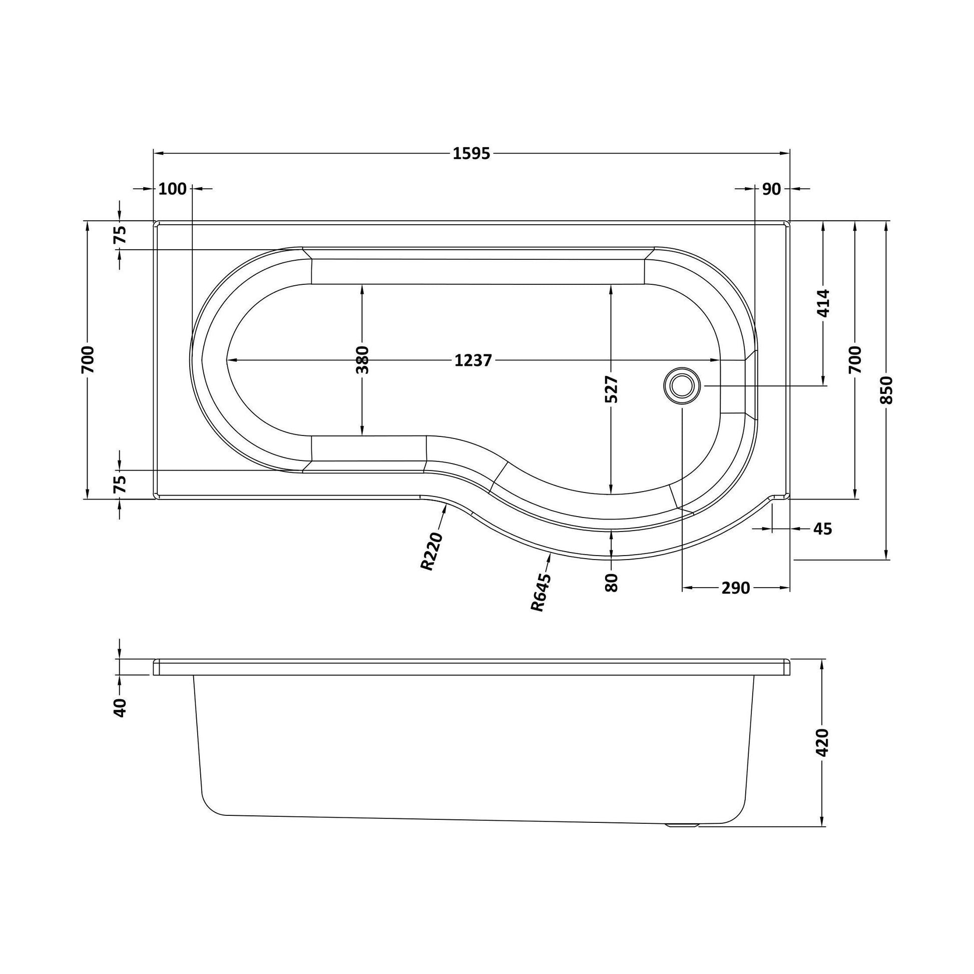 [BBPB106] 1600mm P shaped showerbath RH - Technical Drawing