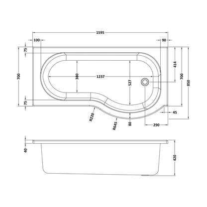 [BBPB106] 1600mm P shaped showerbath RH - Technical Drawing