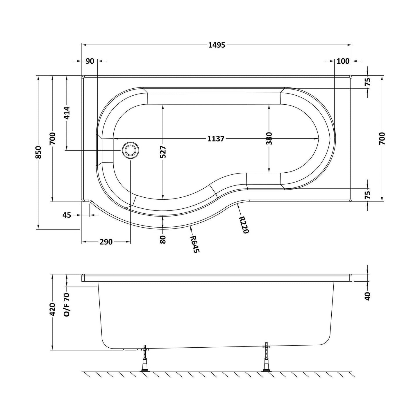 [BBPB1585L] Balterley Modern P Shape Left Hand Shower Bath Tub with Leg Set, 1500mm - White - Technical Drawing