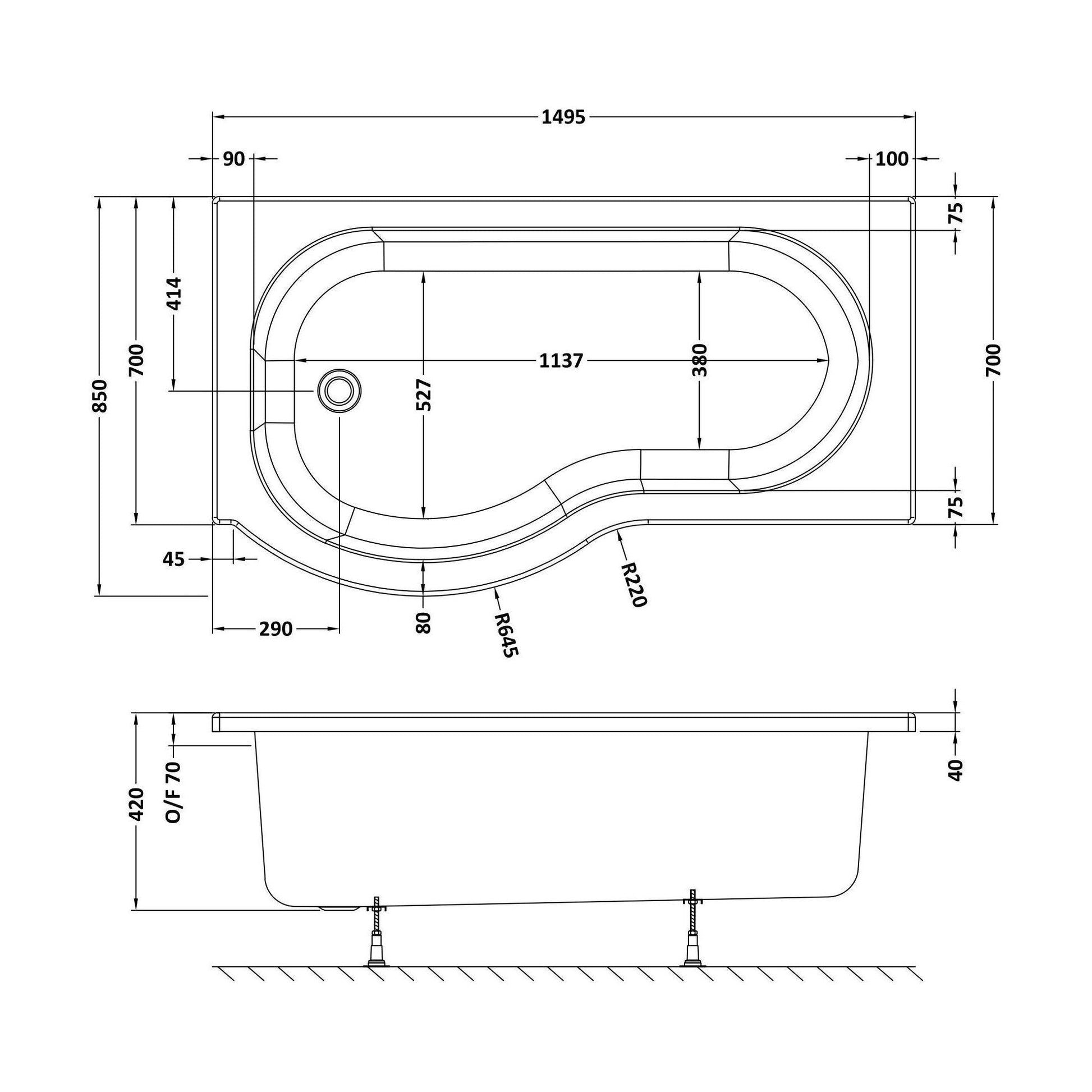 [BBPB1585L] Balterley Modern P Shape Left Hand Shower Bath Tub with Leg Set, 1500mm - White - Technical Drawing