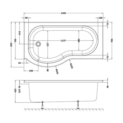 [BBPB1585L] Balterley Modern P Shape Left Hand Shower Bath Tub with Leg Set, 1500mm - White - Technical Drawing