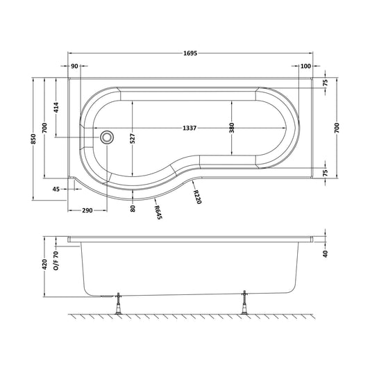 [BBPB1785L] Balterley Modern P Shape Left Hand Shower Bath Tub with Leg Set, 1700mm, Reversible Design - White - Technical Drawing