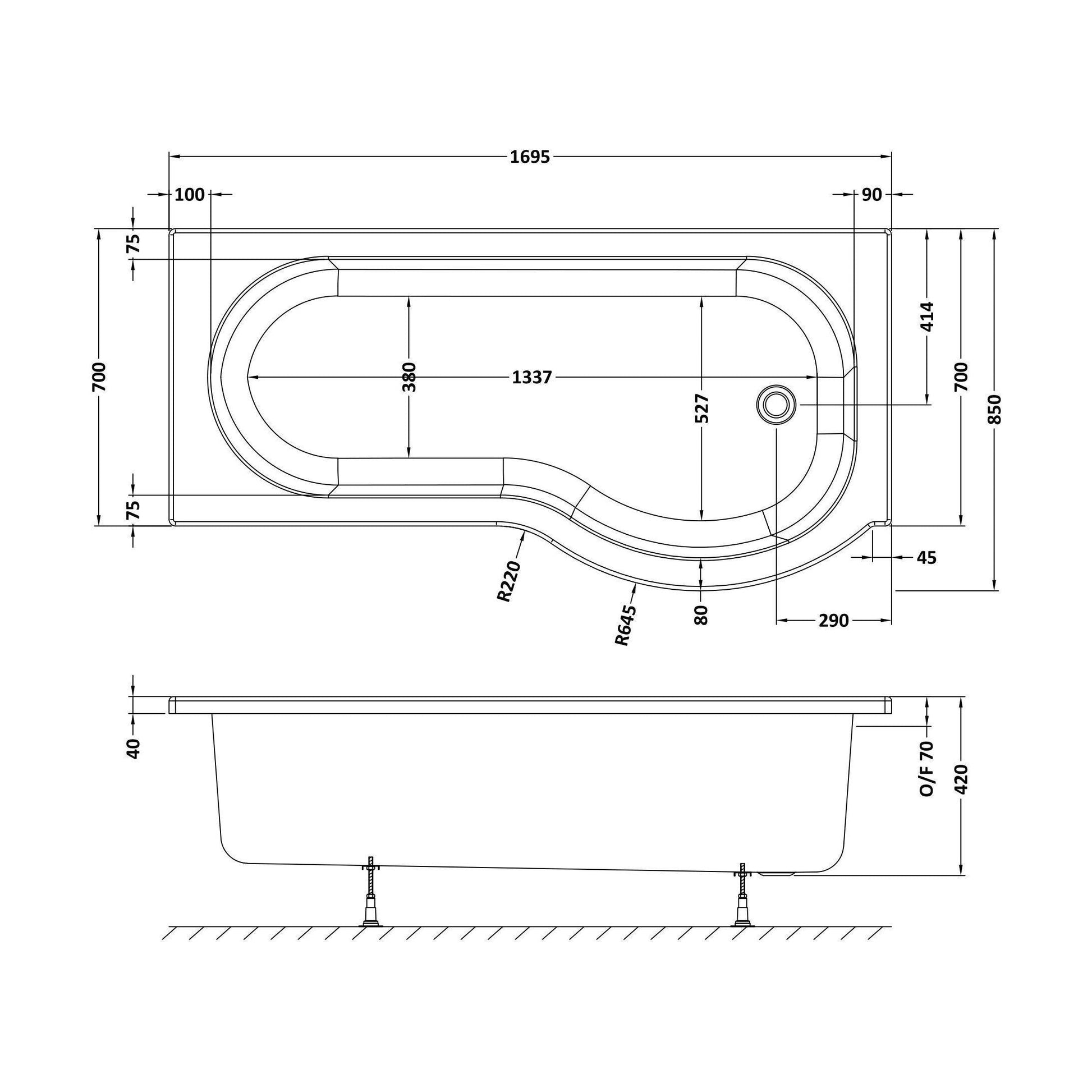 [BBPB1785R] Balterley Modern P Shape Right Hand Shower Bath Tub with Leg Set, 1700mm - White - Technical Drawing