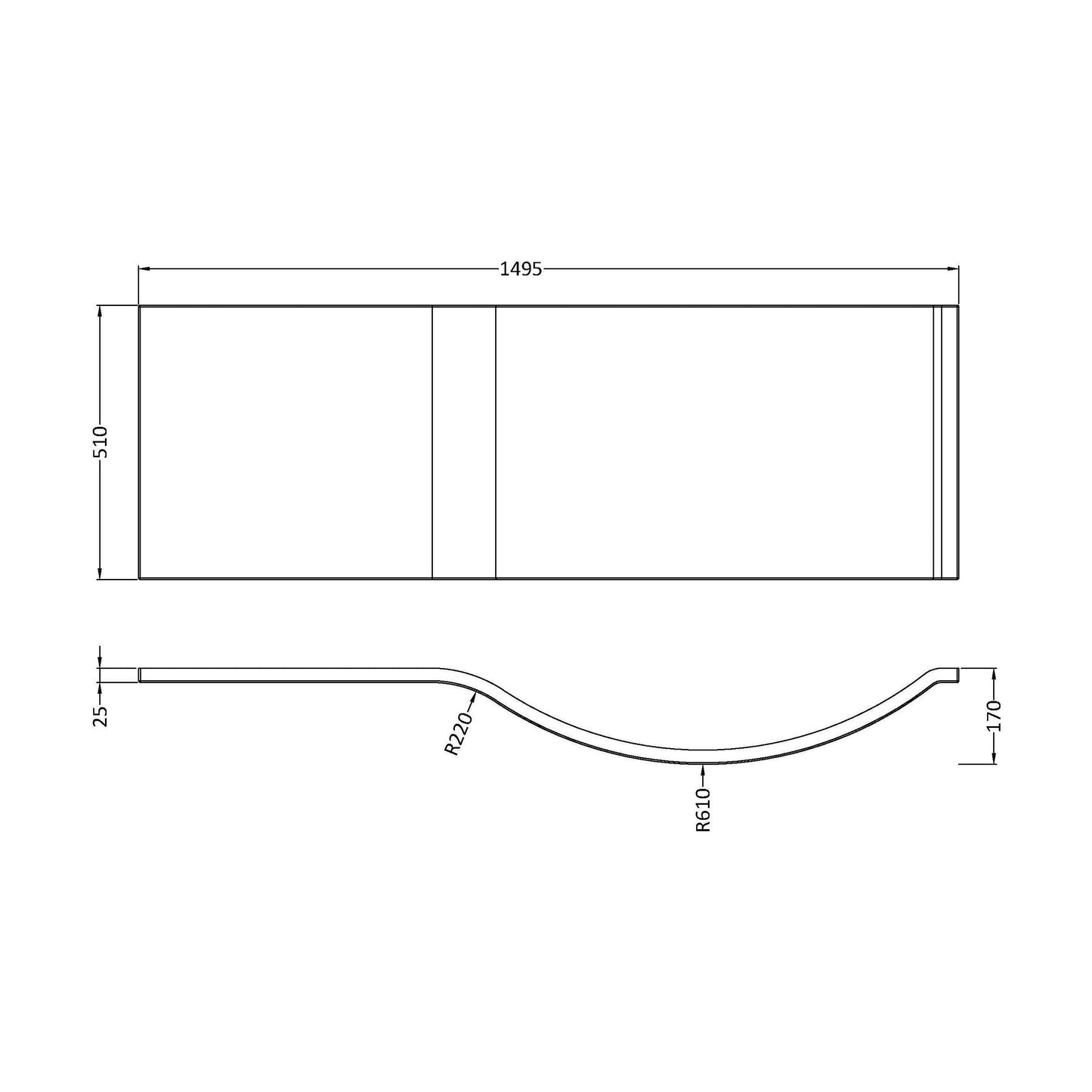[BBPB202] Contemporary P Shaped Acrylic Bath Panel - Technical Drawing