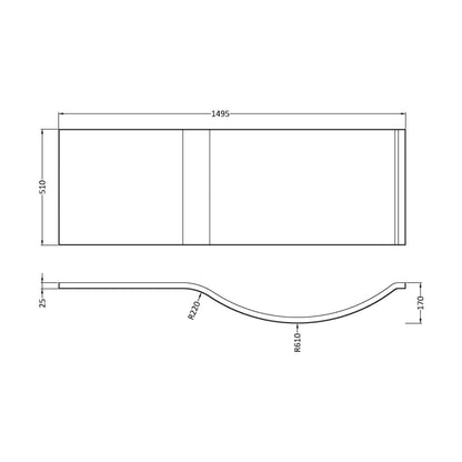 [BBPB202] Contemporary P Shaped Acrylic Bath Panel - Technical Drawing