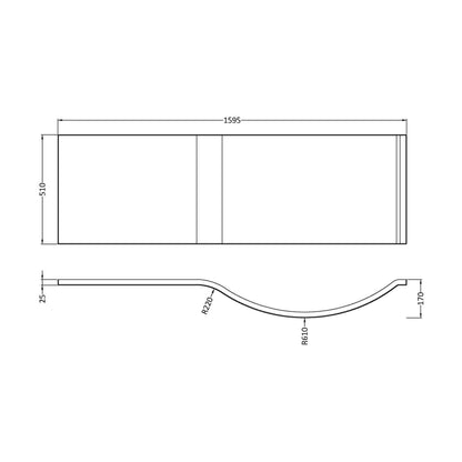 [BBPB203] Shower Bath Front Panel (1600mm) - Technical Drawing