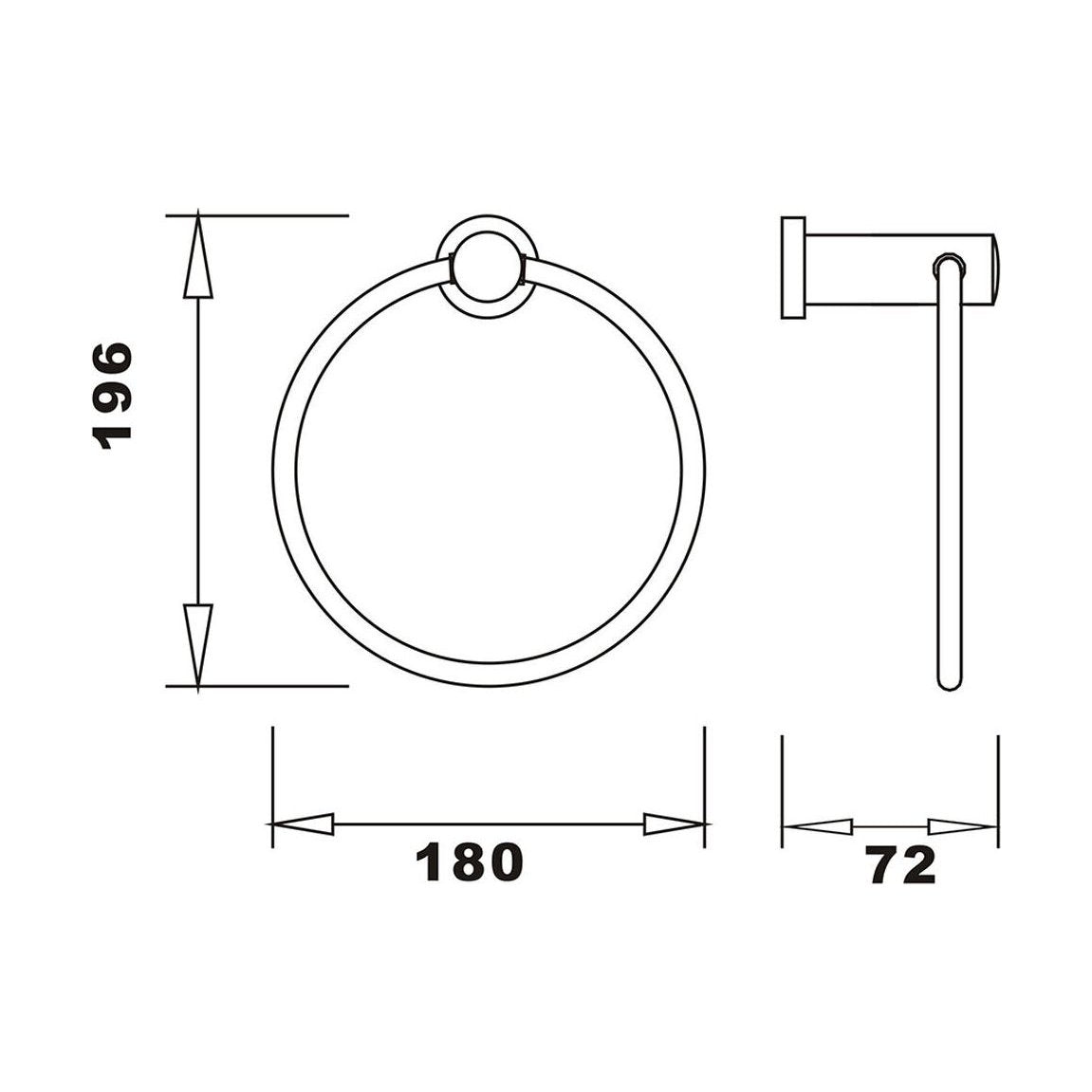 [BBRAFB30] Balterley Modern Bathroom Wall Mounted Round Towel Ring Durable Brass Construction, 196x180mm - Chrome Finish - Technical Drawing
