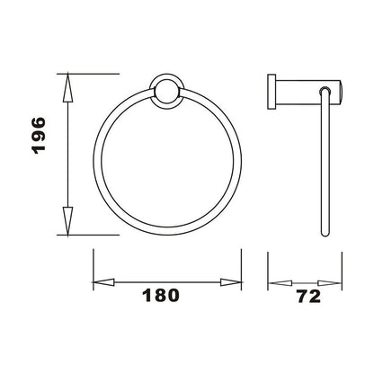 [BBRAFB30] Balterley Modern Bathroom Wall Mounted Round Towel Ring Durable Brass Construction, 196x180mm - Chrome Finish - Technical Drawing