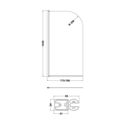 [BBSC17] Contemporary 6mm Toughened Safety Glass Round Bath Screen - 1430 x 790mm - Technical Drawing