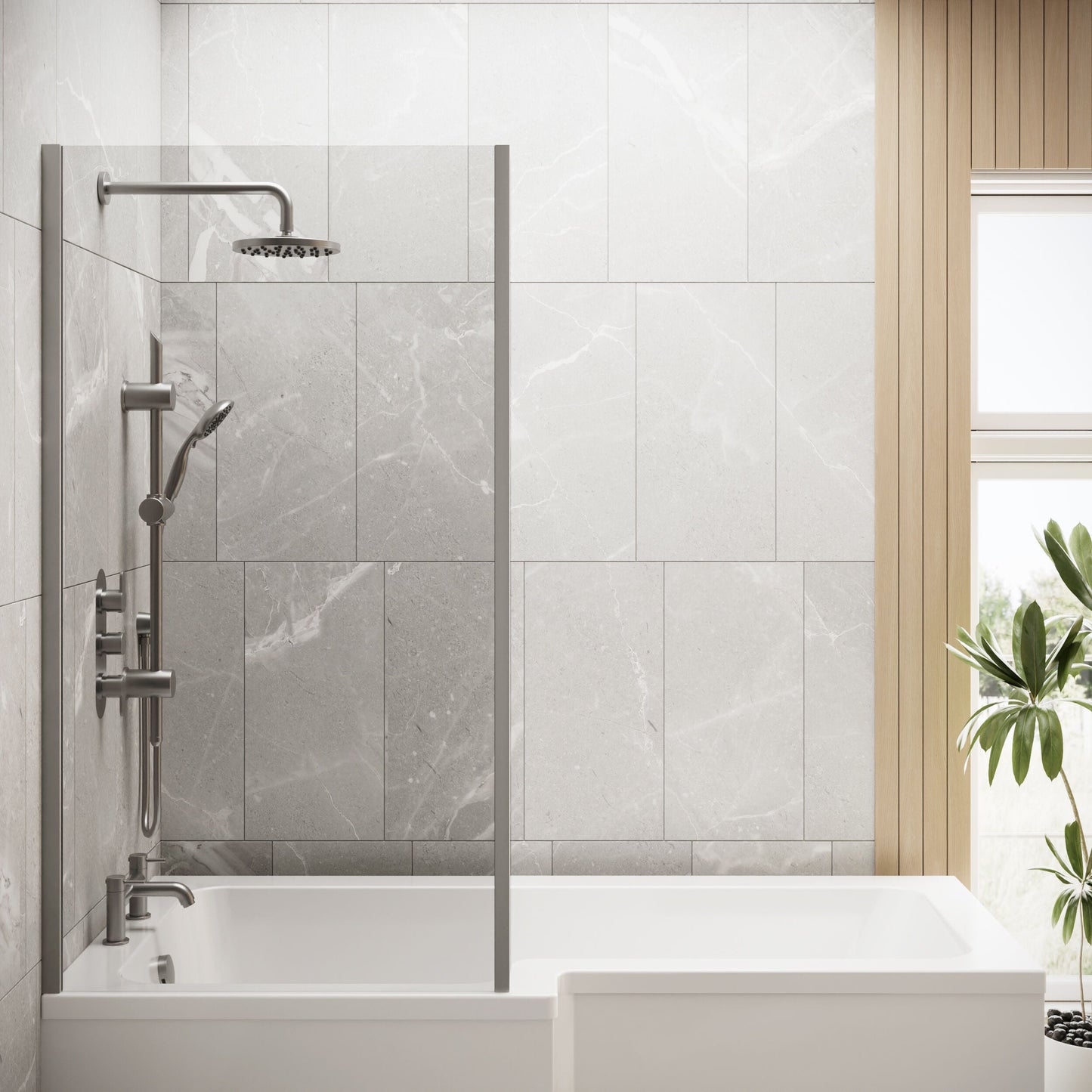 [BBSC27] Contemporary 6mm Toughened Safety Glass Square Fixed Bath Screen with Fixed Return - 1400 x 815 x 160mm - Brushed Pewter - Lifestyle 1