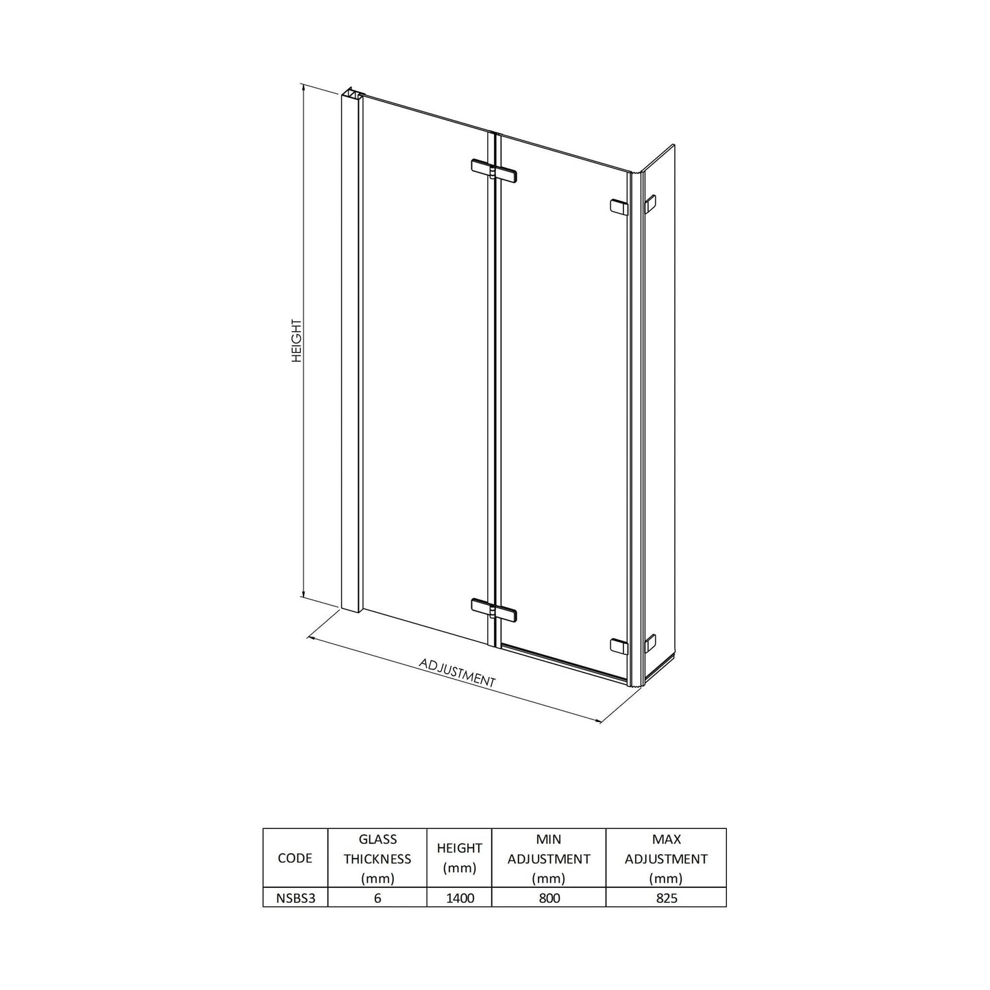 [BBSCBS3] 6mm Toughened Safety Glass Reversible L-Shaped Bath Screen Double Hinged - Chrome - Technical Drawing